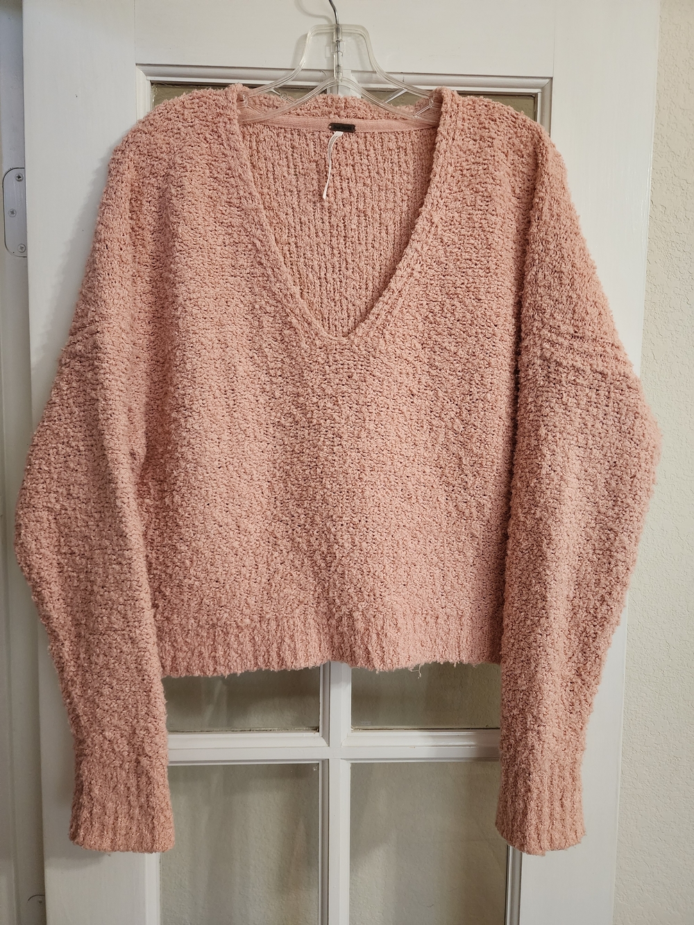 Free People Pink Bouclé V Neck Textured Oversized Sweater XS